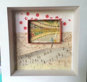 Collage/assemblage with paper, paint, birch bark